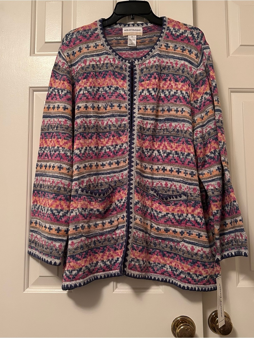 Alfred Dunner Chelsea Market Cotton Knit Fair Isle Cardigan Pockets Size 2X NWT